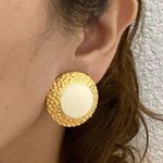 Vintage White Enamel Goldtone Round Clip Earrings Gold Photo 1