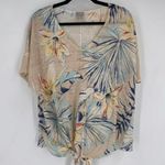 Chico's  Women's Linen Blend Tropical Print Tie Front V-Neck Top Tan Blue Sz 3 XL Photo 4