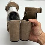 via spiga  Women's Suede Leather Tan Open Toe Buckle Sling Bootie Block Heel 10 Photo 6
