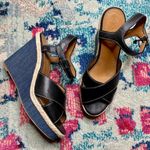 Coach Eaton Black Leather Denim Wedge Sandals Size 8.5 Photo 1