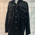 Elan  black silver Studded Point Collar Long Sleeve Distress Button Front Jacket Photo 1