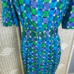 Adrianna Papell 100% Silk Geometric Print Shirt Dress Size 12 Blue Green Vintage Photo 7