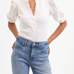 Elie Tahari  White Puff Sleeve V Neck Button Down Pima Cotton Shirt Top Women’s S Photo 0