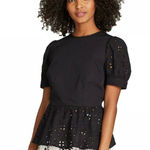 Who What Wear , Eyelet Peplum Top, Black, 100% Cotton, Puff Sleeve Blouse Photo 0