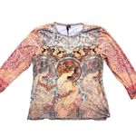 Y2K VTG. MADE IN USA ART NOUVEAU ALL OVER PRINT NU CONSTRUCTION TOP MEDIUM EUC Orange Photo 2