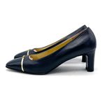 St. John Navy Leather Pumps Size 7 Gold Trim Cap Toe Classic Mid Heel Italy VTG Photo 1
