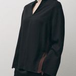 ZARA NWT black flowy long sleeve blouse viscose blend with brown side stripe Photo 0