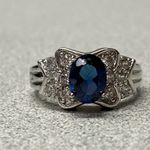 Sterling Silver 925 Oval Blue Sapphire Diamond Halo Elegant Engagement Ring Photo 3