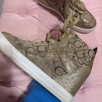 Guess  Women’s High-Top Gold Logo Beige Brown Wedge Sneakers Photo 8