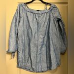 Free People 𝅺 Off Shoulder Denim Chambray Blouse Tie Sleeves Photo 3