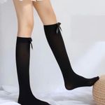 Gothic Bow Decor Calf Stockings, Emo Boho Style Slim grunge Knee High Socks Black Photo 2