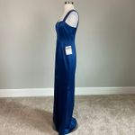 XScape  Satin Double Strap Column Evening Gown Blue Size 4 Sleeveless Thigh Slit Photo 2