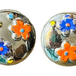 Painted Silver Floral Circle Button Earrings Vintage‎ Orange Yellow Blue Posts Photo 0