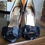 Badgley Mischka Black Satin Peep Toe stiletto high heel w/ floral bow sz 9 Photo 1