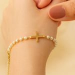 Gold and Pearl Bracelet/Anklet with Cross Charm Photo 3