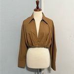 ZARA  Women Brown Long Sleeves Poplin Collared Pleated Casual Cotton Shirt Sz L Photo 4