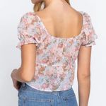 Active USA  Sheer Floral Chiffon Tie Front Crop Blouse Blue Pink 1XL Puff Sleeve Photo 6