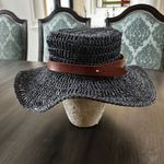 Ralph Lauren  women raffia straw boater hat navy blue with brown leather belt Photo 2