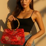 American Vintage Vintage Y2K 2000s retro Red Floral Brocade Bag with Bamboo Handles Photo 0
