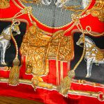 VINTAGE Equestrian RED & BLACK Horses and Tassels Print silky Scarf 35’/35’ Photo 1