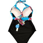 Cupshe Halter Tie Floral Blue Black One Piece Swimsuit M Photo 3