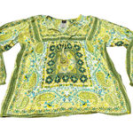 Bila Boho Peasant Top Women’s Medium Paisley Floral Green Yellow 100% Cotton EUC Photo 0