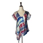 Anthropologie TRYB  Red White Blue Painted Plaid 100% Silk Tunic Blouse‎ Size S Photo 4