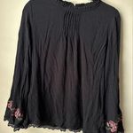 Time & Tru  Women's M Black floral embroidered Bell Sleeve Top Pleats ruffles Photo 0