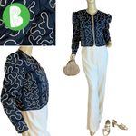 PATRA VINTAGE 1990'S BLUE & CREAM SATIN BLAZER WITH FAUX PEARL BEADING (10) Photo 1