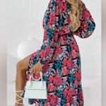 NEW Black & Bold Floral Print V Neck High Waist Long Lantern Sleeve Midi Dress Photo 8