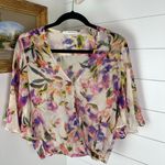Lavender Brown Silk Floral Sheer Top Flutter Bell Sleeve Feminine Size XS Photo 0