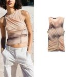 ZARA Asymmetrical Ruched MESH Sleeveless Stretch Lined Top 8030/427 LARGE NEW Photo 2