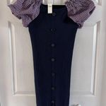 Maeve ANTHROPOLOGIE Navy Ribbed Knit Puff Gingham Short Sleeve Mini Dress Size S Photo 2