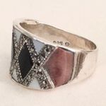 Onyx VTG Mother of Pearl Mosaic Inlay Sterling Silver Harlequin Ring Sz 9-1/4 Photo 7
