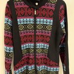 Icelandic Design Cardigan Sweater Full Zip Wool Colorful Art Women's XL Black Photo 0
