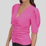 DKNY Pink Puff Sleeve Top with Ruched Design and 3/4 Sleeves Photo 1