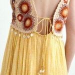 ZARA  Limited Edition Crochet Dress V-Neck Ruffled Shell Tassels Boho Yellow~XL Photo 1