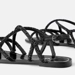 ZARA FLAT STRAPPY BEADED JEWELED SANDALS BLACK Size 7.5/38 NEW Photo 0