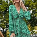 Boutique NEW Green/White Floral Self Tie Long Sleeve Dress Photo 0