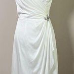 DB STUDIO Ruched Charmeuse Sheath Dress with Brooch Faux Wrap Skirt White Size 2 Photo 0