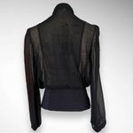 AN'GE Black Long Sleeve Semi Sheer High Neck Blouse W/ Pleated Detailing | EUC Photo 2
