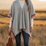Ply Cashmere Poncho Oversized Striped Trim Gray Elegant Knitwear Cape Wrap Photo 0