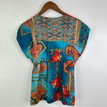 Single Mixed Print Silk Cardigan Blouse‎ Teal Size S Blue Photo 4