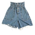 ZARA High Waisted Denim Shorts Paperbag Waist Frayed Hem Size 0 Blue BOHO Photo 0