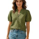 PRETTYGARDEN Pretty Garden Olive Eyelet Puff Sleeve Split Neck Cotton Blouse Size Small Photo 0