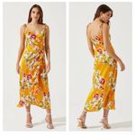 ASTR NWT  Mustard Yellow Floral Satin Wrap Ruffle Midi Dress Tie Straps Size XS Photo 1