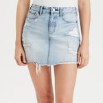 American Eagle sz 8 SHORT Light Wash Super High Waist Festival Denim Mini Skirt Photo 1