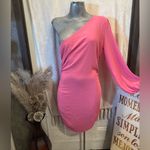 Women One Shoulder Ruched Bodycon Mini Dress Puff Long Sleeve Size S Pink Photo 1