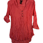 Bit & Bridle Crinkle Tunic Blouse Coral Pink Rayon Blend L Roll Tab Boho Photo 0