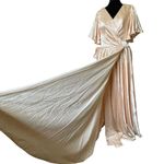 Luxury Champagne Satin Bridal Bridesmaid Formal Glam Wrap Floor Length Dress Size M Photo 4